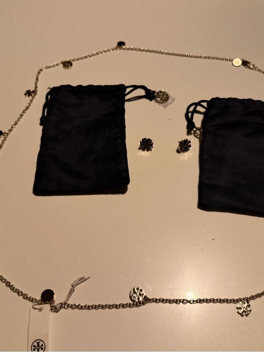 Tory Burch Silver Logo Necklace with Matching Stud Earrings
